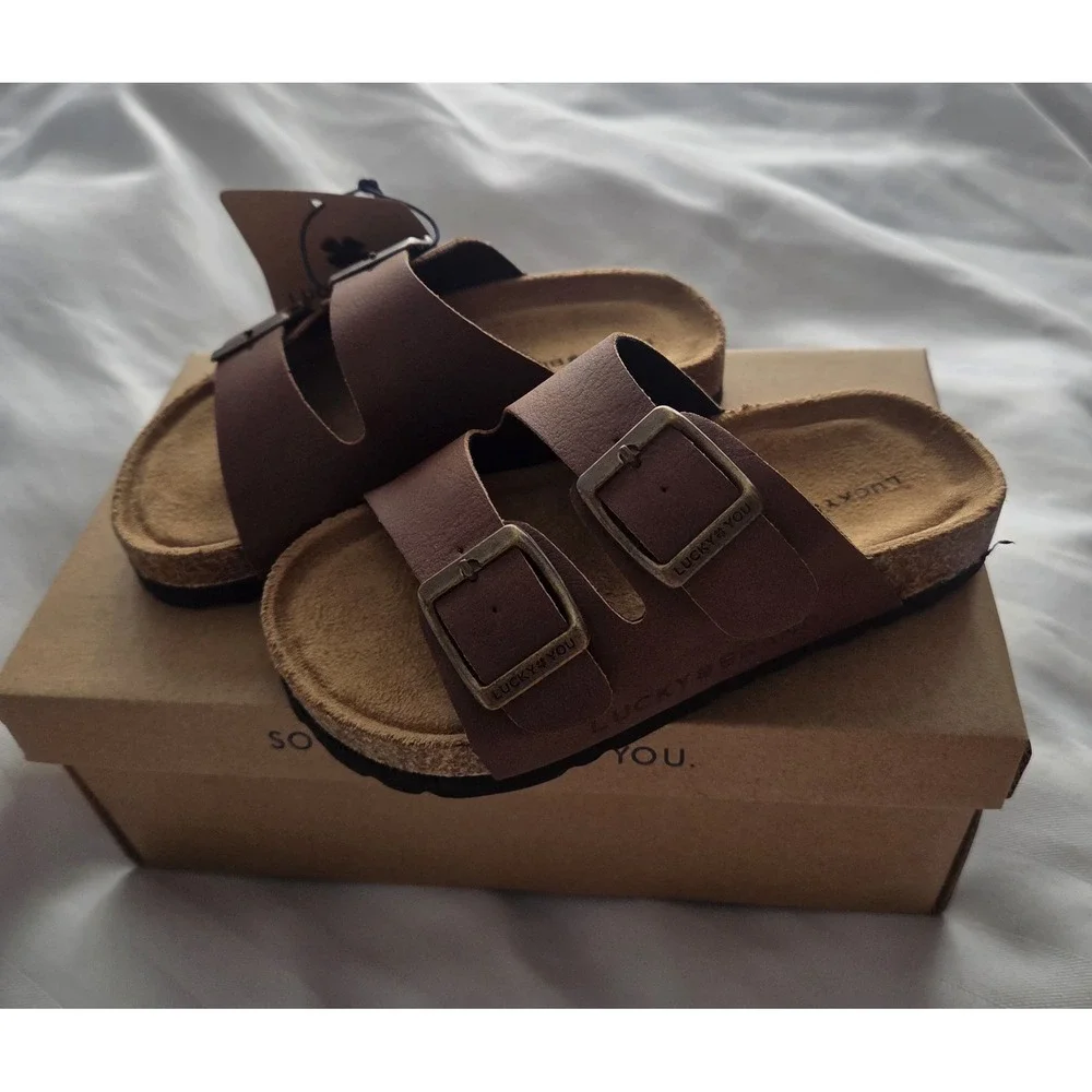 Lucky Brand‎ Blanc Kids Brown Dual Strap Buckle Slide Sandals Size 3